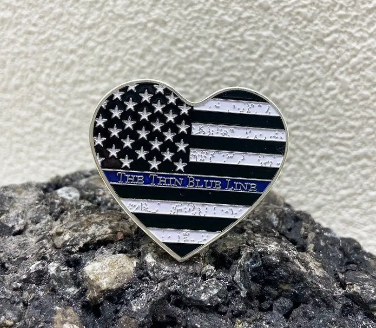 Heart-Shaped Challenge Coin - Thin Blue Line / Saint Michael - Symbol of Law Enforcement Support and Protection