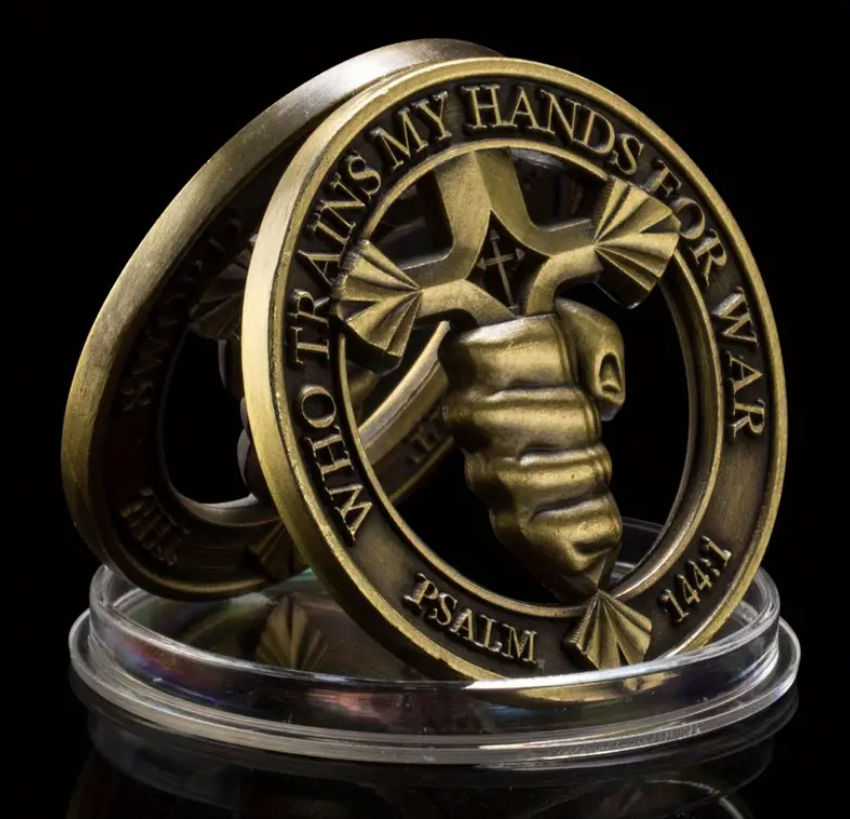 The Sword of the Spirit Bronze Plated Cut Out Challenge Warriors Coin - Psalm 144:1