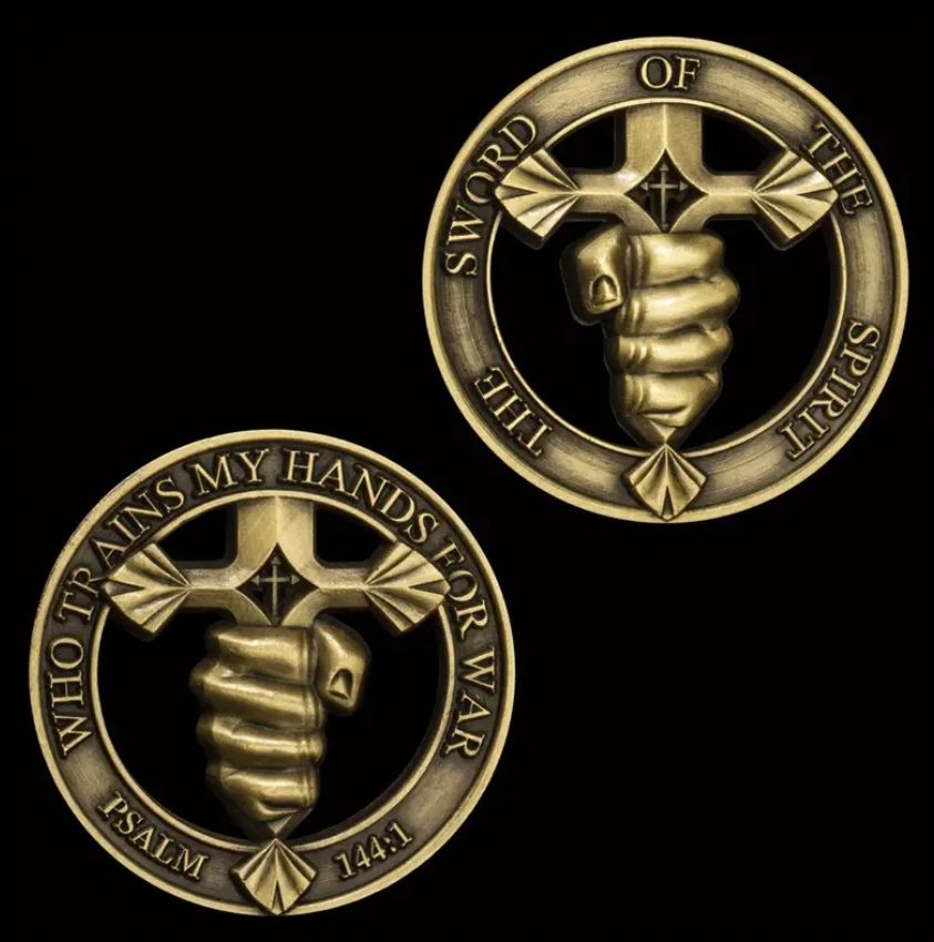 The Sword of the Spirit Bronze Plated Cut Out Challenge Warriors Coin - Psalm 144:1
